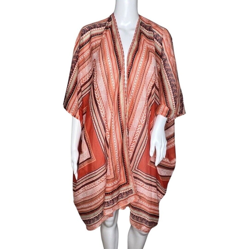 Sol & Mer Womens‎ One Size Kimono Orange White Stripe Beach Summer Wrap Shawl